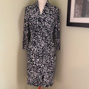 Lauren Ralph Lauren Black and White Floral Wrap-Style Long Sleeve Dress
